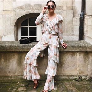 Zara Floral Ruffle Jumpsuit - Cream and Pink